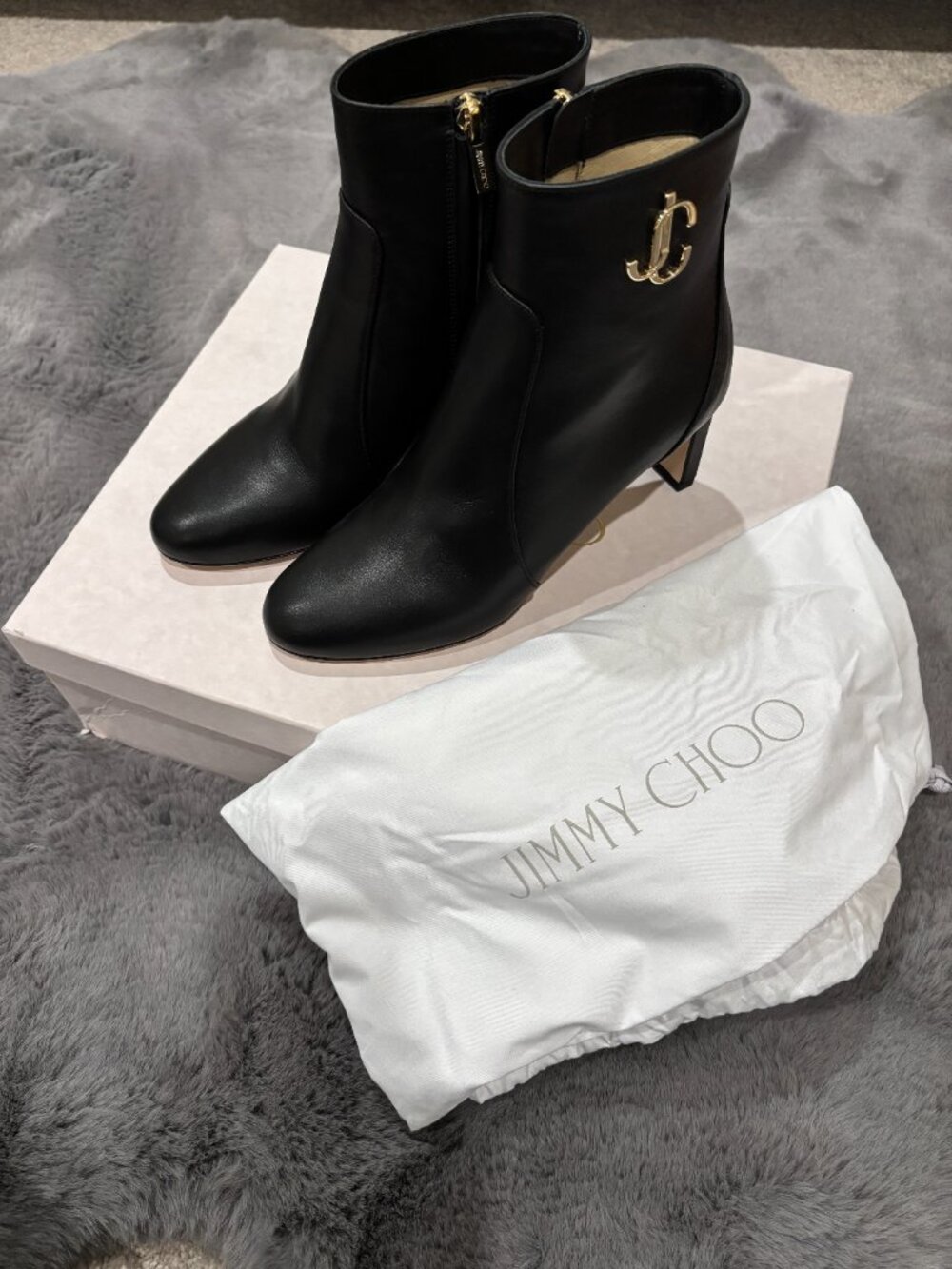 NEW Jimmy Choo Ankle Boot Sz 37/6.5 Nappa Leather Black Gold Hardware 65mm Heel